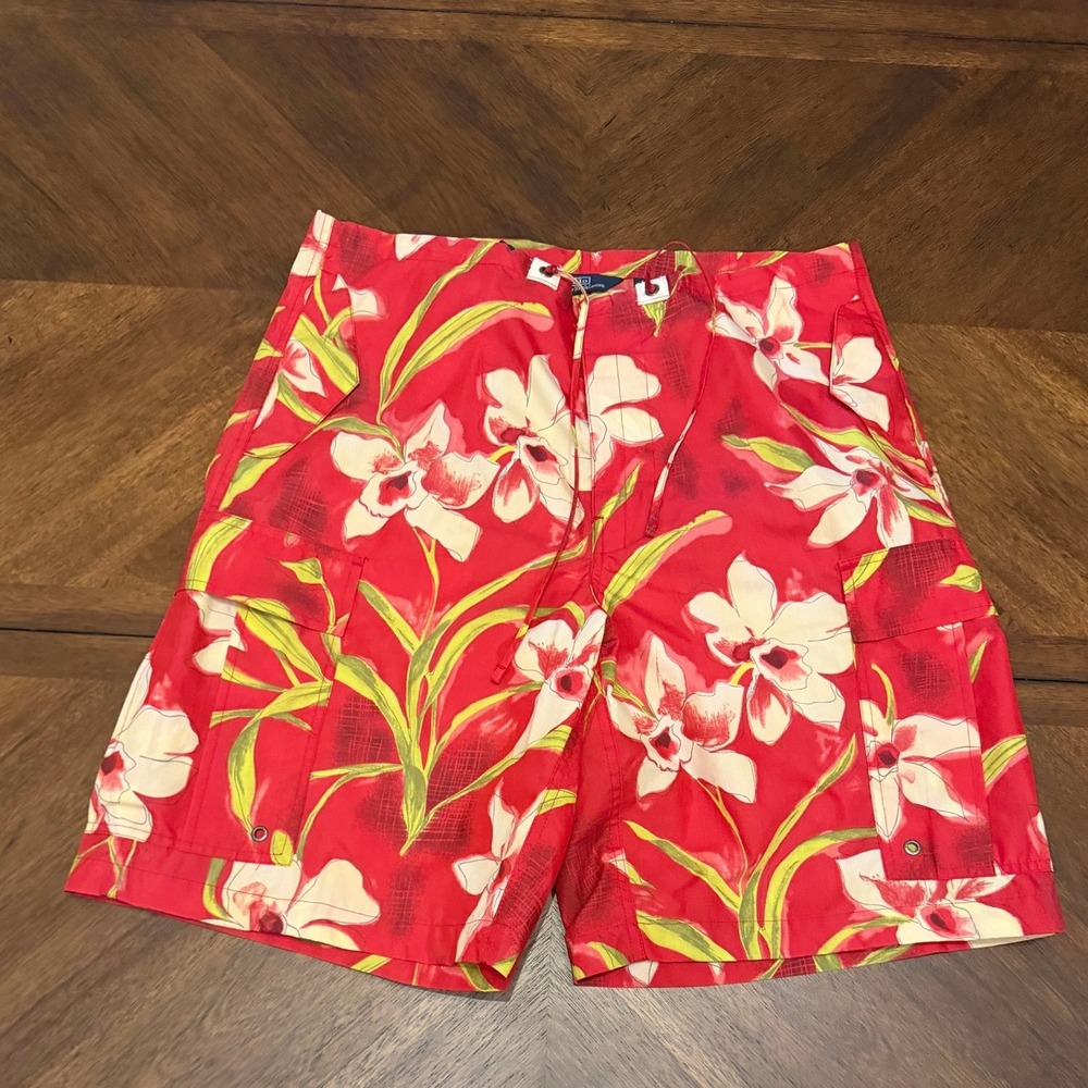 Polo Ralph Lauren Red Floral Orchid Cargo Swim Trunks Board Shorts Mens Large